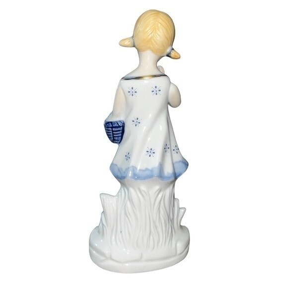 Vintage 1960s Porcelain Hand-painted Figurine Girl in Pigtails w/ Dove & Basket - Picture 4 of 12